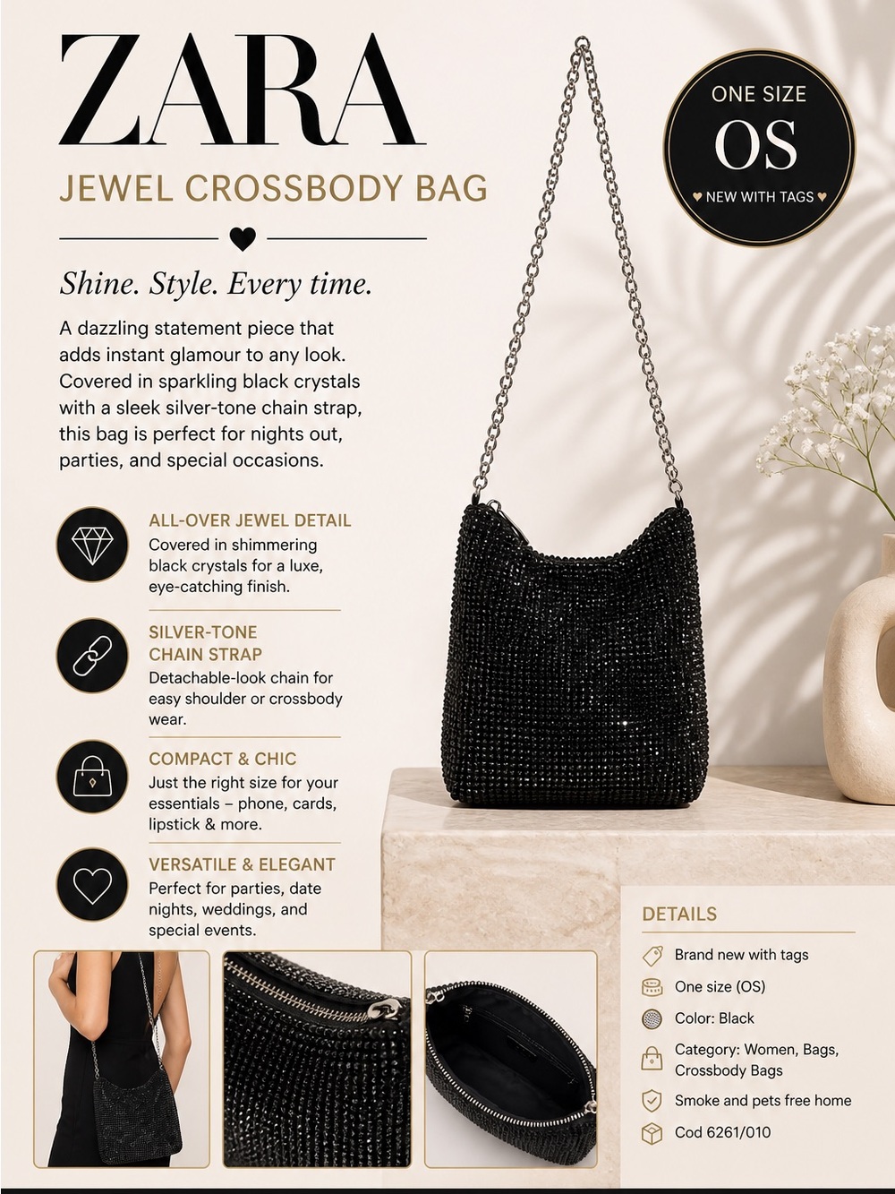 ZARA Black Jewel Crossbody Bag OS NWT Crystal Mesh Evening Bag Chain Strap